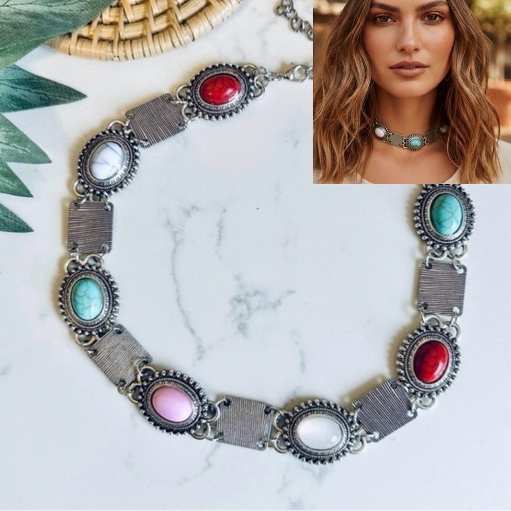 2/$30🌵 Faux Turquoise Colored Stone Necklace Square Southwestern Boho Western